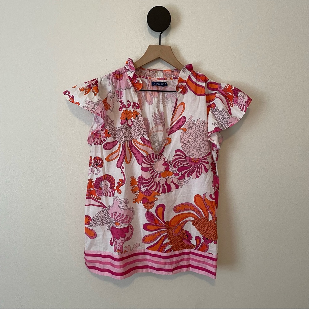 La Plage Pink & Orange Floral V-Neck Flutter Sleeve Top